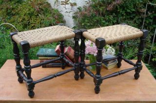 Antique Arts And Crafts Stools Pair Turned Ebonised Oak & Rope Seats Rustic Chic