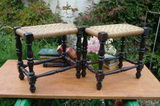 Antique Arts And Crafts Stools Pair Turned Ebonised Oak & Rope Seats Rustic Chic 2