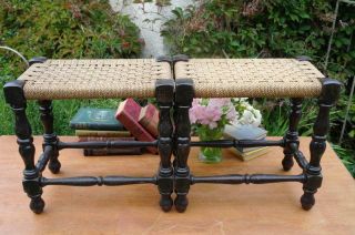Antique Arts And Crafts Stools Pair Turned Ebonised Oak & Rope Seats Rustic Chic 4