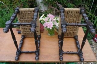 Antique Arts And Crafts Stools Pair Turned Ebonised Oak & Rope Seats Rustic Chic 5