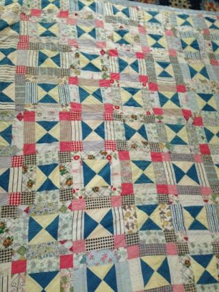 Vintage Antique Quilt Hand Stitching 68 X 78 Pink Blue Patchwork