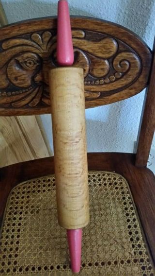 Antique Wooden Birds Eye Striped Tiger Maple Rolling Pin Pink Handles Farmhouse