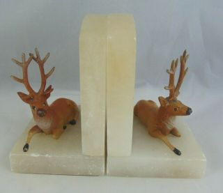 Vintage Art Deco Onyx Bookends With Cold Painted Metal Seated Stags