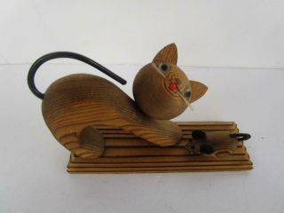 Vintage Mid Century Hand Carved Cryptomeria Wood Carving Cat & Mouse Figurine