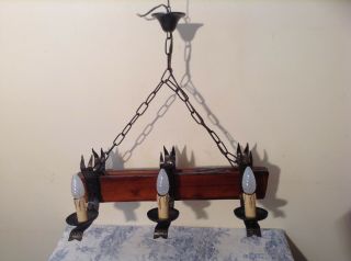 Vintage French Wood & Wrought - Iron Farmhouse Gothic Light Chandelier (2685)