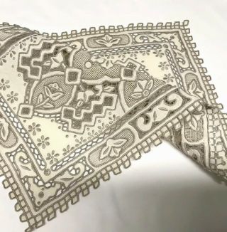 Antique Vintage Hand Embroidered Cream Linen Silver Taupe Table Centre Cloth