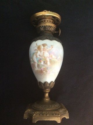 Antique French Sevres Bronze & Signed Porcelain Oil Lamp Base Cherubs & Flowers