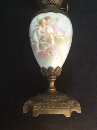 Antique French Sevres bronze & Signed porcelain oil lamp base Cherubs & Flowers 2