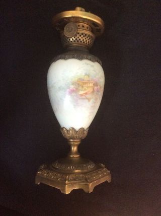 Antique French Sevres bronze & Signed porcelain oil lamp base Cherubs & Flowers 5