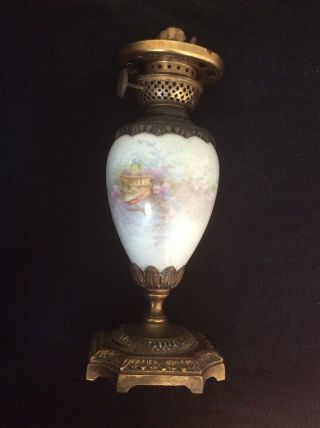 Antique French Sevres bronze & Signed porcelain oil lamp base Cherubs & Flowers 6