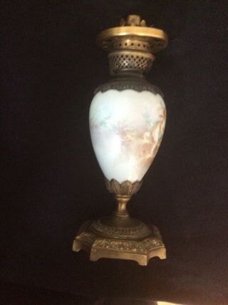 Antique French Sevres bronze & Signed porcelain oil lamp base Cherubs & Flowers 7