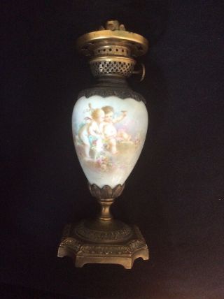 Antique French Sevres bronze & Signed porcelain oil lamp base Cherubs & Flowers 8