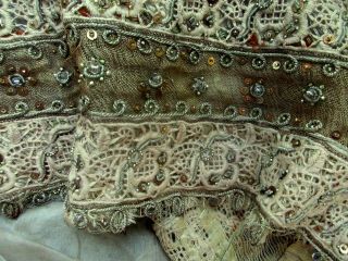RARE ELABORATE ANTIQUE TWISTED METAL COIL SEQUIN SHEER FINE MESH LACE TRIM WIDE 2