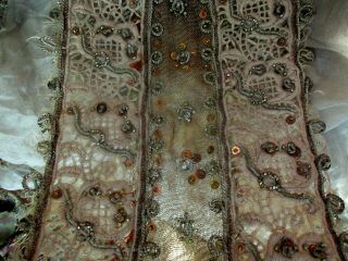 RARE ELABORATE ANTIQUE TWISTED METAL COIL SEQUIN SHEER FINE MESH LACE TRIM WIDE 3