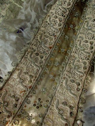 RARE ELABORATE ANTIQUE TWISTED METAL COIL SEQUIN SHEER FINE MESH LACE TRIM WIDE 4