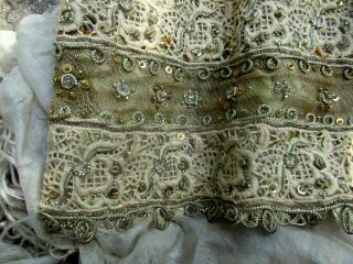 RARE ELABORATE ANTIQUE TWISTED METAL COIL SEQUIN SHEER FINE MESH LACE TRIM WIDE 5