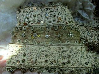 RARE ELABORATE ANTIQUE TWISTED METAL COIL SEQUIN SHEER FINE MESH LACE TRIM WIDE 6