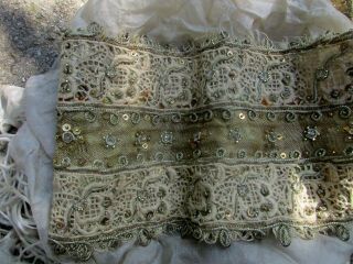 RARE ELABORATE ANTIQUE TWISTED METAL COIL SEQUIN SHEER FINE MESH LACE TRIM WIDE 7