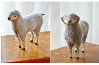 Vintage Handmade Felt And Wood Lamb Sheep Primitive Doll Animal Figurine 6 " Tall