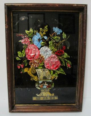 Early Antique Primitive Folk Art Foil Picture Of A Vase Of Flowers And Fruit