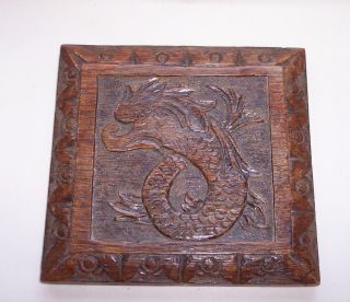 Antique Wooden Early 19th Century Carved Oak Wood Panel Mythical Sea Serpent