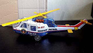 Vintage Tin Battery Operated Flying Sky Patrol Police Helicopter,  Tps,  Japan.  Af