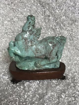 Old Turquoise Stone Asian Horse Hand Carved Figurine On Wooden Pedestal Qing 19c