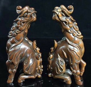 Old China Collectable Boxwood Handwork Carve Pair Fire Kylin Roar Lucky Statue