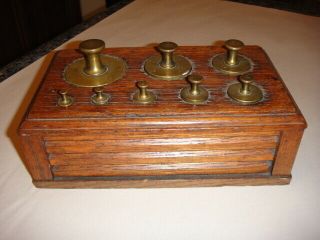 Vintage Brass Apothecary Weight Set In Wood.  25 Ounce To 2 Pound