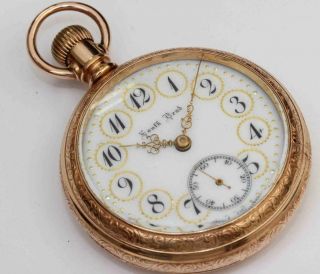 1908 antique South Bend 18 size pocket watch w/ FANCY ENAMELED DIAL 4