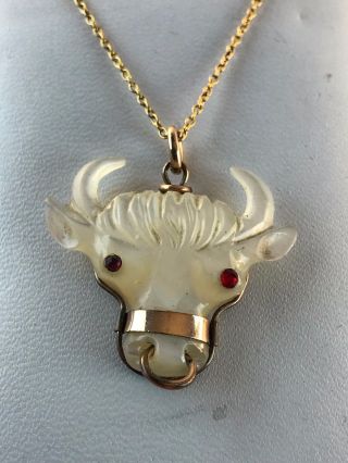 Antique Mother Of Pearl Cow Steer Watch Fob Pendant