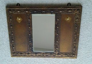 Arts And Crafts Antique Brass Hammered Mirror With Hooks For Keys / Dog Lead