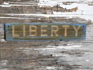 Old Early Primitive Antique Farm Chippy Barn Wood Sign Liberty Usa Robin Blue