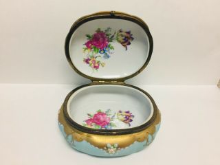 Antique FRENCH Porcelain Enamel Flowers GOLD KT Large JEWELRY Trinket Box Vanity 2