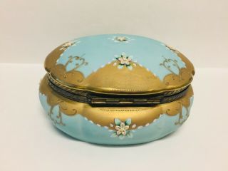 Antique FRENCH Porcelain Enamel Flowers GOLD KT Large JEWELRY Trinket Box Vanity 3