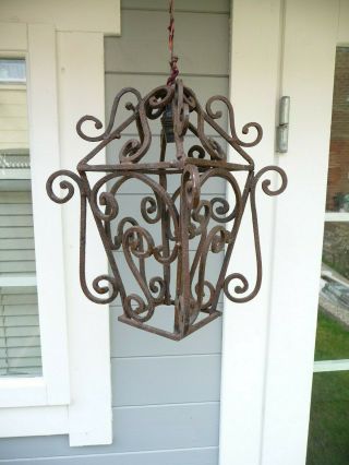 Antique 1930s Large Wrought Iron Open Lantern Light Fitting Pendent Porch Lamp