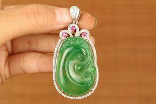 Rare Natural Green Jadeite Jade Handwork Collectible Chinese 925 Silver Pendant