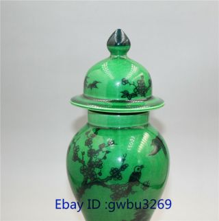 Chinese Old Green glaze porcelain Hand - Painted Birds flower Vase w Qianlong Mark 2
