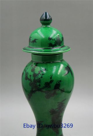 Chinese Old Green glaze porcelain Hand - Painted Birds flower Vase w Qianlong Mark 3