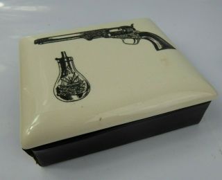 Mid Century Ceramic Wood & Leather Box Revolver Design Fornasetti Style Vintage