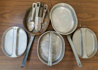 Mess Kit 1944 Us Issued Metal 3 Folding Pan,  2 Trays,  1 Set Cutlery Vintage