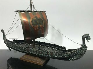 Vtg Denmark ? Bronze Copper Metal Viking Ship Nautical Boat Art Statue Sculpture