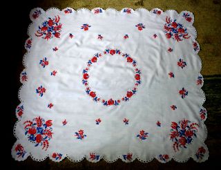Rare Vintage Hungarian Kalocsa Hand Embroidered Red/blue Tablecloth 100x88cm