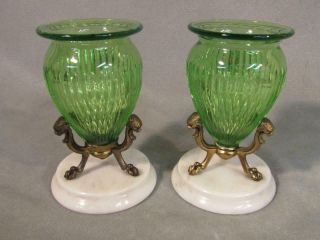 Pair Small Old Cut Glass Green Urns / Vases On Marble & Bronze Lion Bases