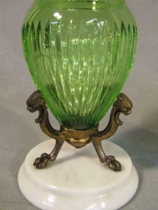 PAIR SMALL OLD CUT GLASS GREEN URNS / VASES ON MARBLE & BRONZE LION BASES 3