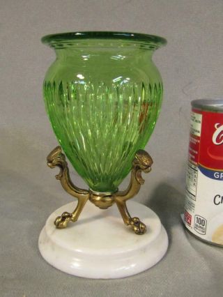 PAIR SMALL OLD CUT GLASS GREEN URNS / VASES ON MARBLE & BRONZE LION BASES 4