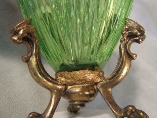 PAIR SMALL OLD CUT GLASS GREEN URNS / VASES ON MARBLE & BRONZE LION BASES 6