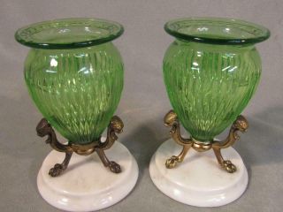 PAIR SMALL OLD CUT GLASS GREEN URNS / VASES ON MARBLE & BRONZE LION BASES 7