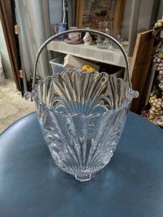 Vintage Mid Century Modern Crystal / Glass Ice Bucket W/ Hammered Silver Handle