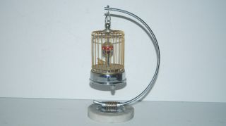 Unique Vintage Wind Up Clock W Moving Bird In Cage Includes Stand & Marble Base